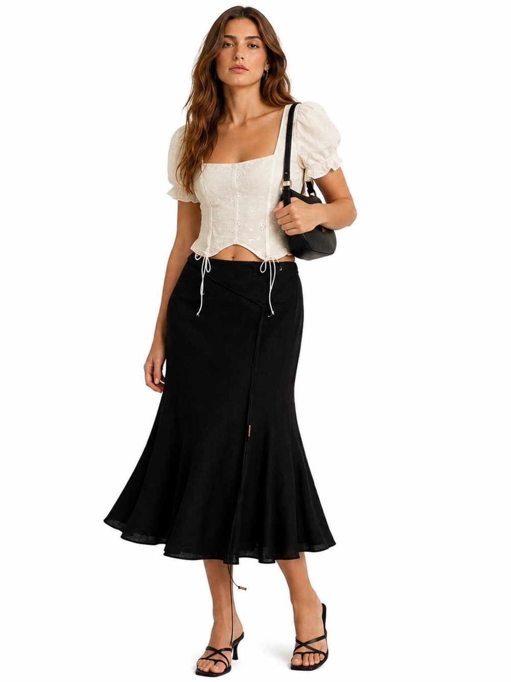 Lauren Ralph Lauren Black Whimsical A-Line Midi Skirt with Flared Hem | Size 4P